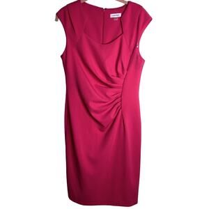 Calvin Klein Bright Pink Sheath Dress Size 10 Ruched Side Cap Sleeve Back Zipper